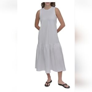 DKNY White Ribbed Sleeveless Maxi Dress